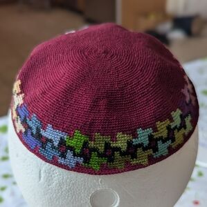 Colorful Maroon Hand Crafted Kippah. Jewish. Made In Israel.